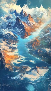 雪山河流油画