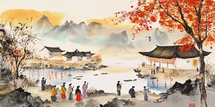 银杏古典山水背景壁画