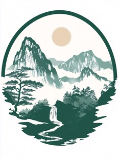 山水圆形插画