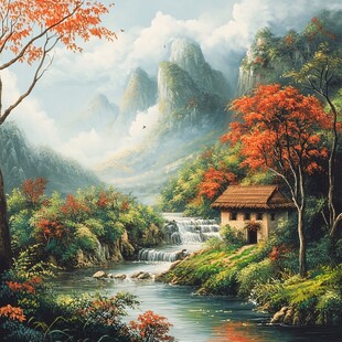 山水画油画手绘风景