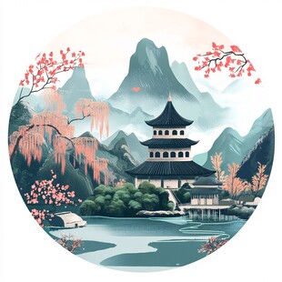 山水圆形插画