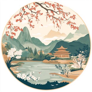 山水圆形插画