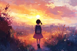 女学生夕阳下插画