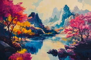 桃花风景油画