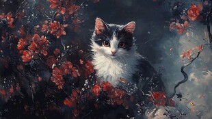 春天猫咪樱花插画壁纸