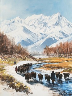 胡杨放牧牛群雪山油画