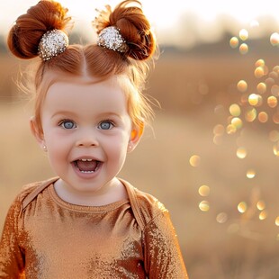 带毛绒球发饰的小女孩