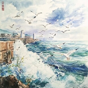 海天一色水彩画