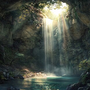 山水风景油画瀑布