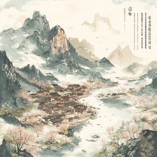 桃花源记古风山水插画