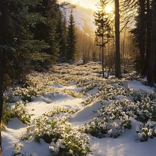 春季森林杜鹃花积雪