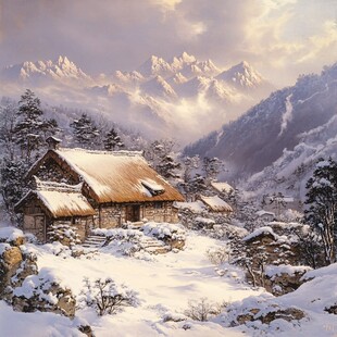 山村晚霞雪景