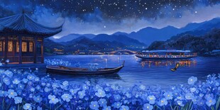 插画夜景湖泊