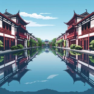 横店地标建筑山水画