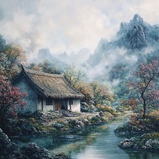 中式建筑风景油画