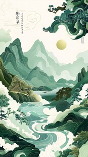 高端山水线包装插画