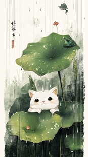 雨天伞下躲雨猫咪插画