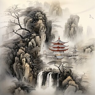 楼阁山水意境画