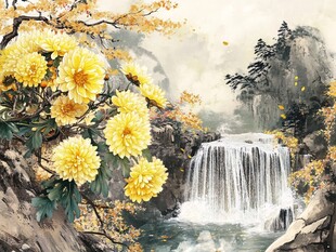 银杏古典山水背景壁画