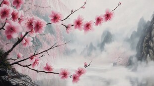 桃花风景油画