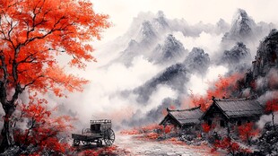 红叶古风山水画