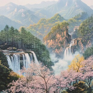 山水风景油画瀑布