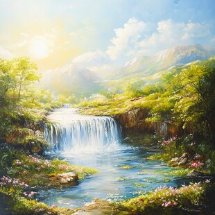 山水风景油画瀑布