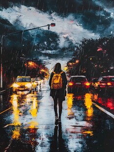 夜雨赶路的女人