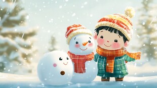 小孩堆雪人插画