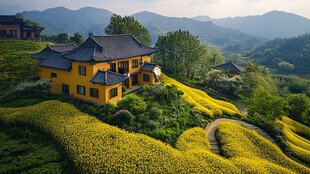 仿古建筑与油菜花