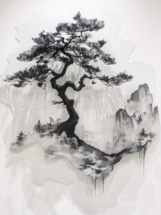 迎客松软膜天花水墨画