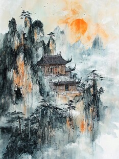 旭日东升楼阁山水画