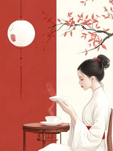 旗袍美人喝茶插画