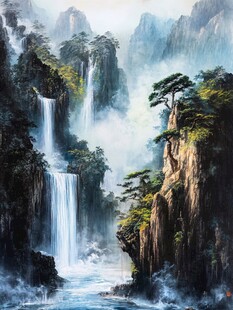 山水风景油画瀑布