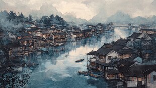 插画横店水彩水墨山水