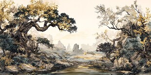 迎客松银杏山水画