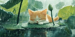 雨天伞下躲雨猫咪插画