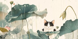 雨天伞下躲雨猫咪插画