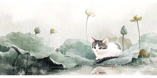 雨天伞下躲雨猫咪插画