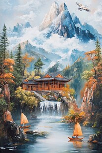 山水画油画手绘风景