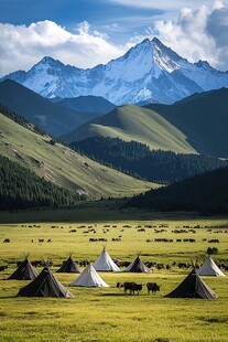 雪山草原毡房