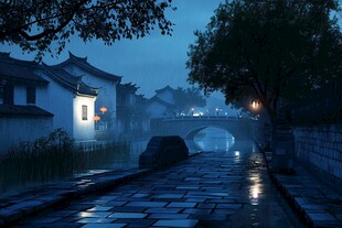 古镇雨天夜景