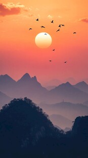 日出飞鸟太阳红日群山