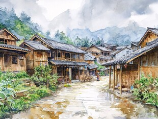 水彩土家族建筑