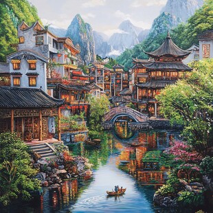 中式建筑风景油画