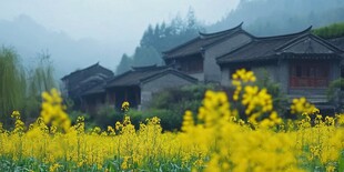 仿古建筑与油菜花