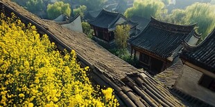 仿古建筑与油菜花