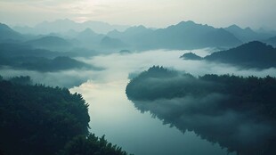 雾锁红花湖