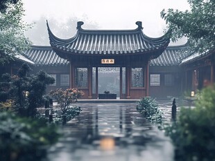 中式古代建筑雨景