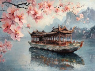 桃花风景油画